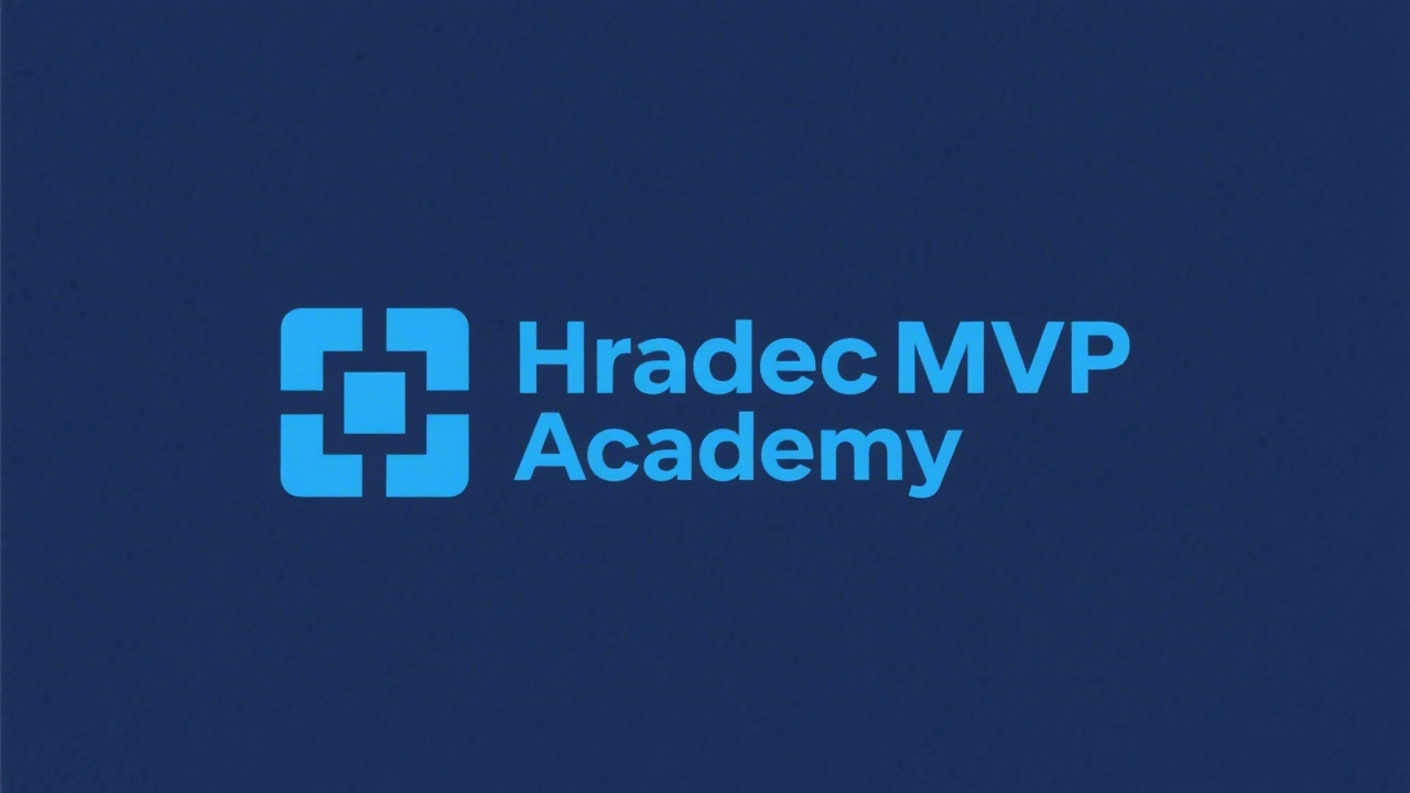 Simple blue wordmark logo with the text HradecMVP Academy, clean sans serif letters and a small geometric square symbol representing digital learning.