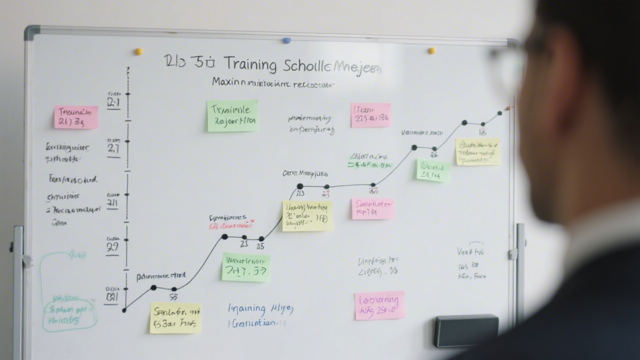 Training schedule board with sticky notes, timeline, and checklists, illustrating structured MVP project planning during a group workshop.